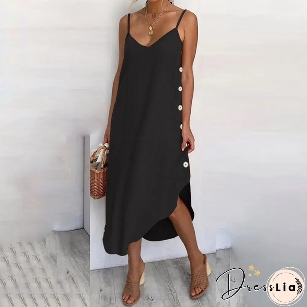 Womens Summer Long Dress Spaghetti Straps Neck Irregular Hem Holiday Casual Party Sundress