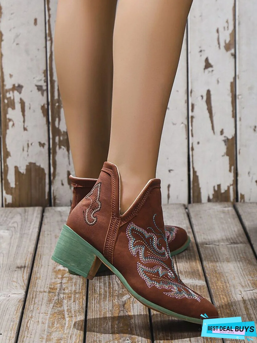 West Style Embroidered Detail Chunky Heeled Booties