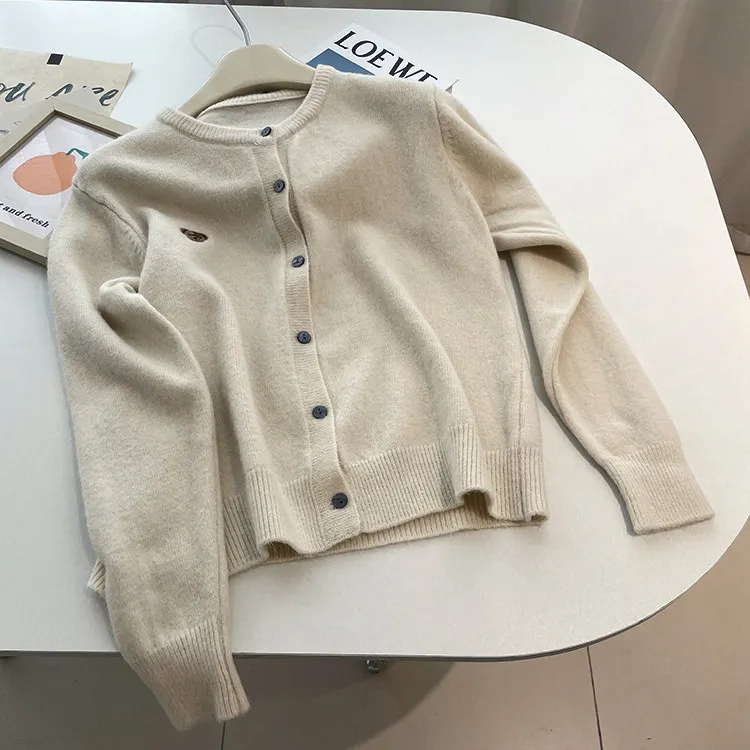 Churchf Churchf Sense Heavy Industry Embroidery Fashion Round Collar Color Buckle Sheep Wool Soft Waxy Pure Color Versatile Basic Knit Cardigan