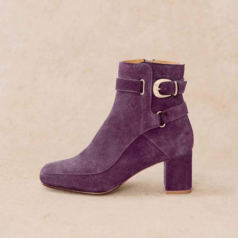 Purple Square Toe Chunky Heel Elegant Buckled Strappy Ankle Boots Nicepairs