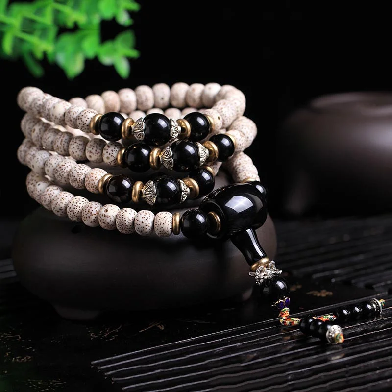 108 Beads Bodhi Seed Mala Black Obsidian Blessing Bracelet Necklace
