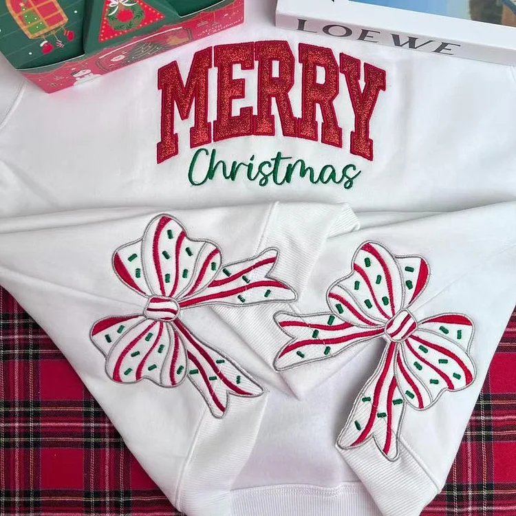 Merry Christmas Glitter Red Side Bow Sweatshirt Embroidered Sweatshirt/Hoodie