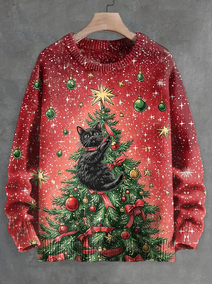 Men's Black Cat Climbing Christmas Tree Art Print Knit Sweatshirt