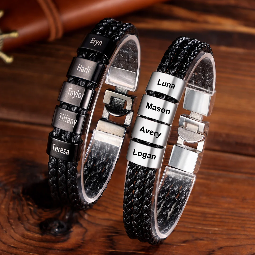Father's Day HOT SALE-Engraved 1-8 Names Personalized Braided Leather Bracelet