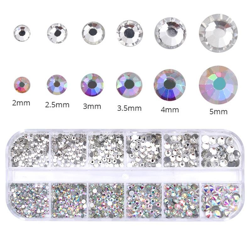 Agreedl 12 Grids/Box Colorful Crystals Nail Art Rhinestones Acrylic Nail Stones Flat Back Shiny Tips 3D Nails Art Decorations
