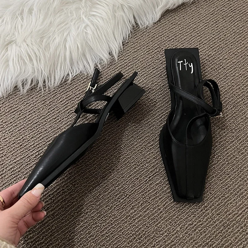 Square Toe Med Heels Mary Jane Shoes For Women Brand Design Ankle Strap Slingback Pumps Woman Soft Sole Green Party Shoes