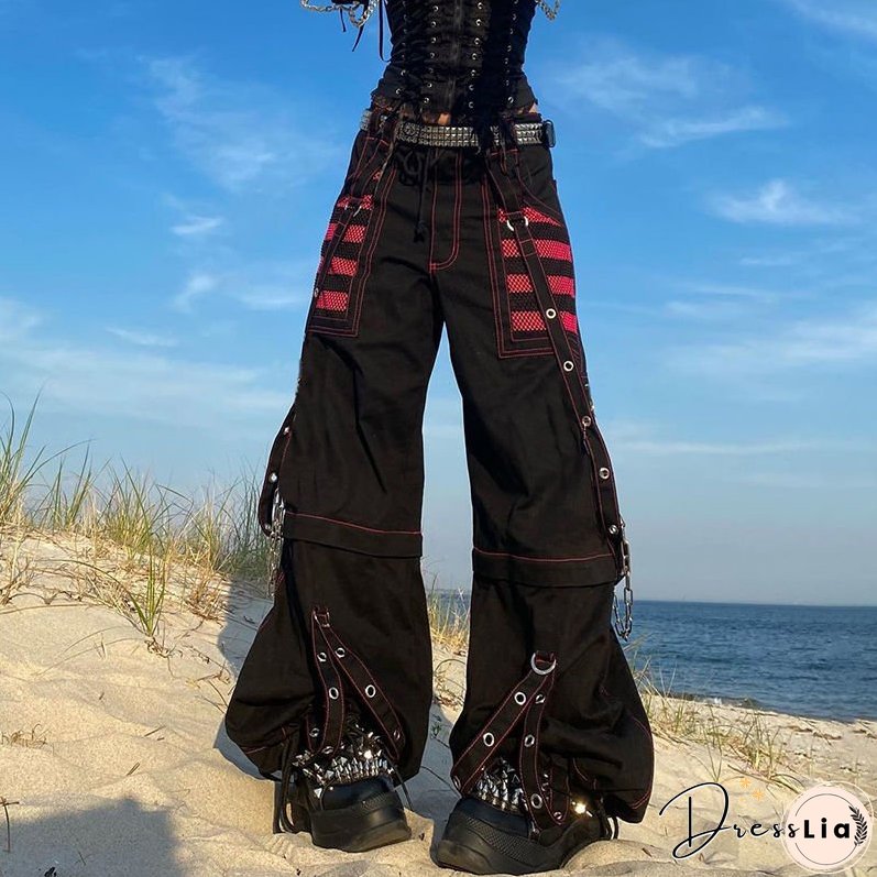 Dark Retro Gothic Women's Pants Contrast Color Striped Mesh Splicing Woven Pants Fashion Streetwear Workwear Wide Leg Pants