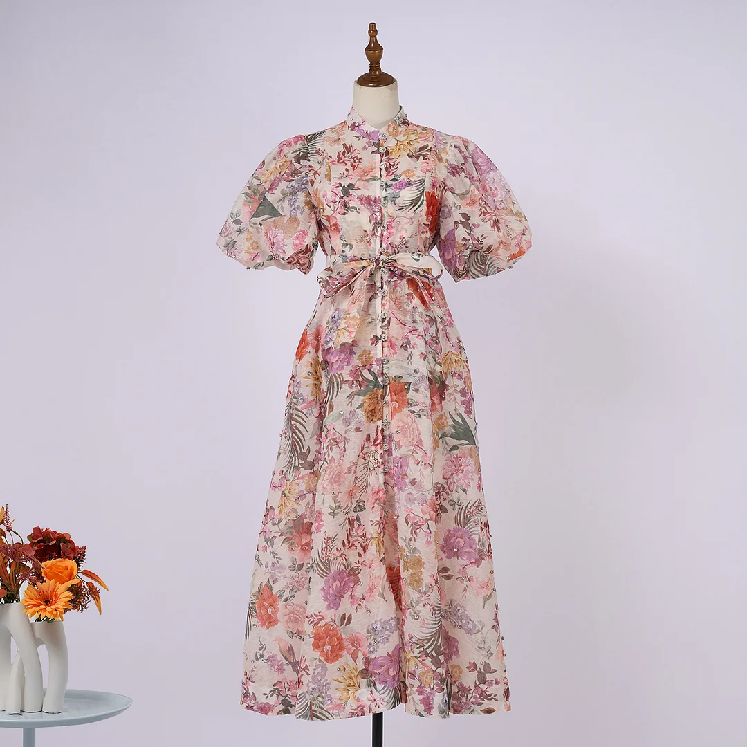 Nigikala Nigikala Court Style High Design Feeling Heavy Industry Nail Drill Short Sleeve Single Buckle Dress + Sling