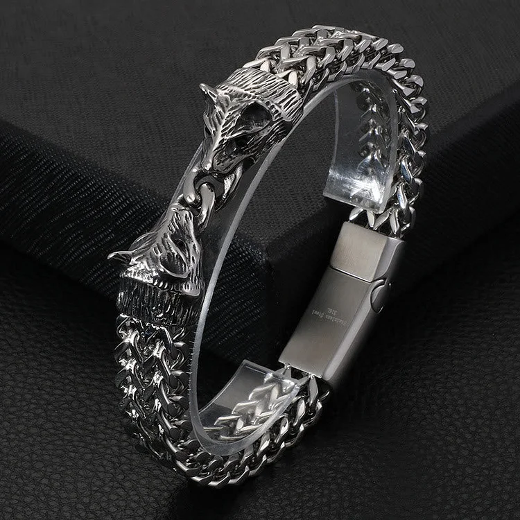 Coutureaura Double Wolf Head Steel Bracelet