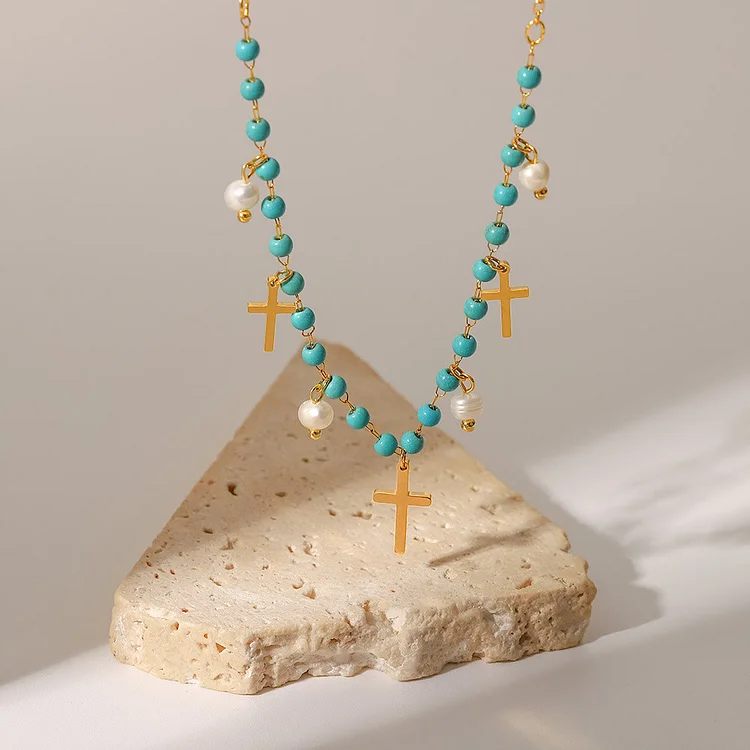 Olivenorma Turquoise Pearl Cross Pendant Tassel Necklace