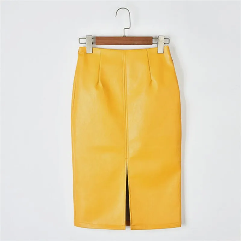 2021 Summer Midi Skirt Women Plus Size Solid Split Skirts Korean PU Leather Skirts Women High Waist Straight Midi Skirts 10091
