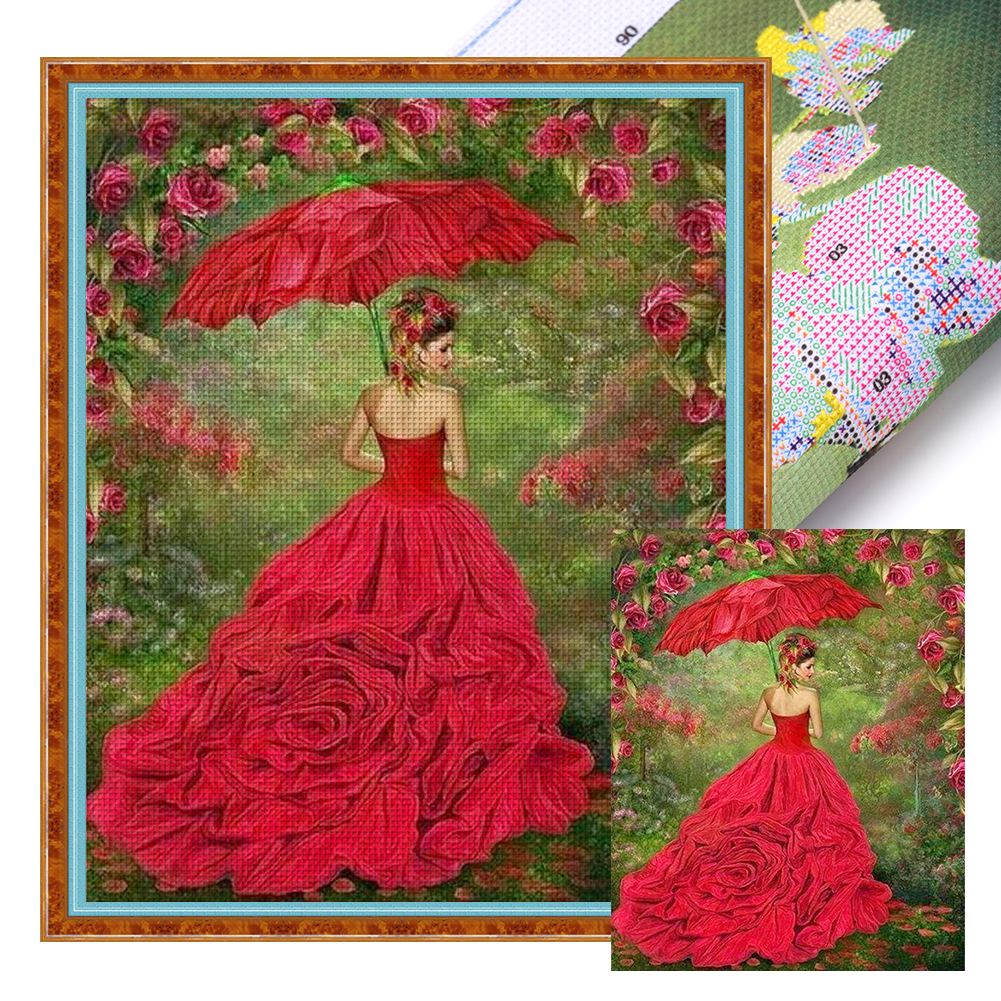 Woman In Red Skirt Full 11CT Pre-stamped Canvas(40*50cm) Cross Stitch