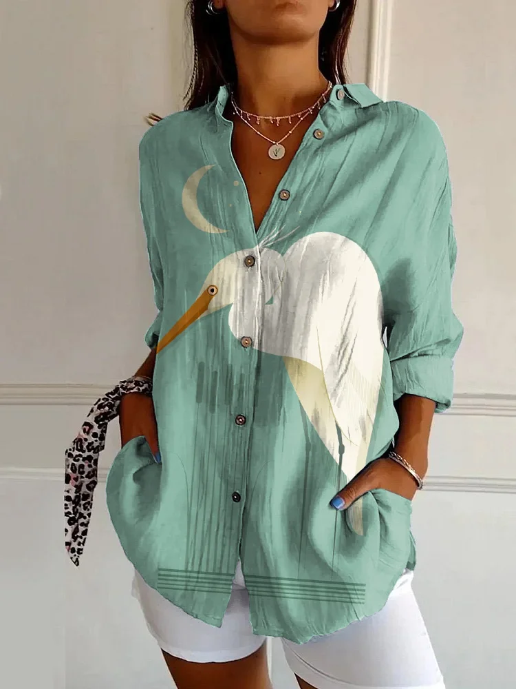 Vintage Bird Art Print Casual Long Sleeve Shirt