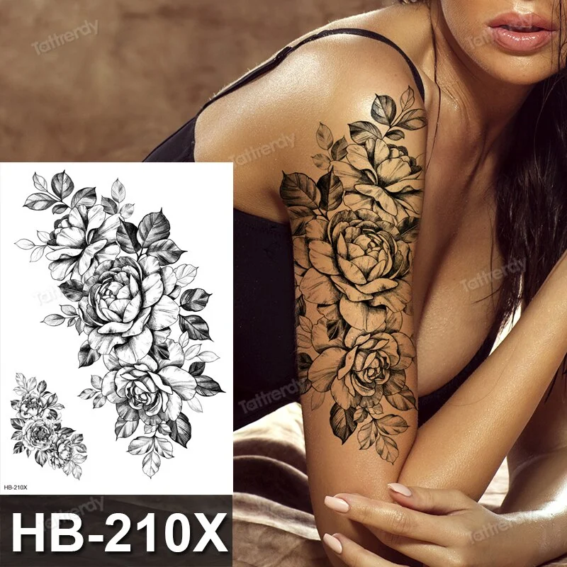 Tattoo Sticker Flower Big Body Art Waterproof Temporary Sexy Thigh Tattoos For Woman Tattoo Fake Water Black Sketch Line Sleeve