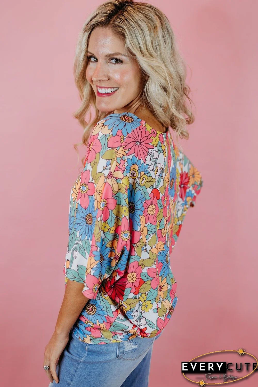 Multicolor Floral Print V Neck Half Sleeve Blouse