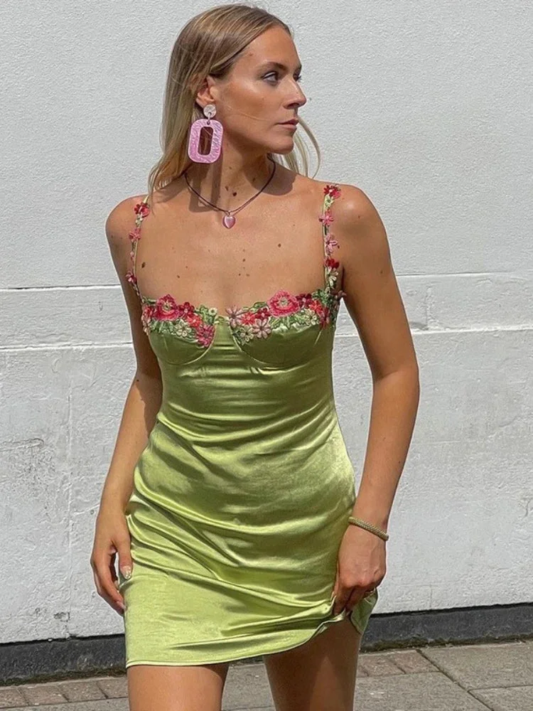 Huiketi Sexy Vacation Backless Mini Dresses Floral Embroidered Satin Slip Dress 2024 Summer Outfits Women Resort Wear C69-CI10