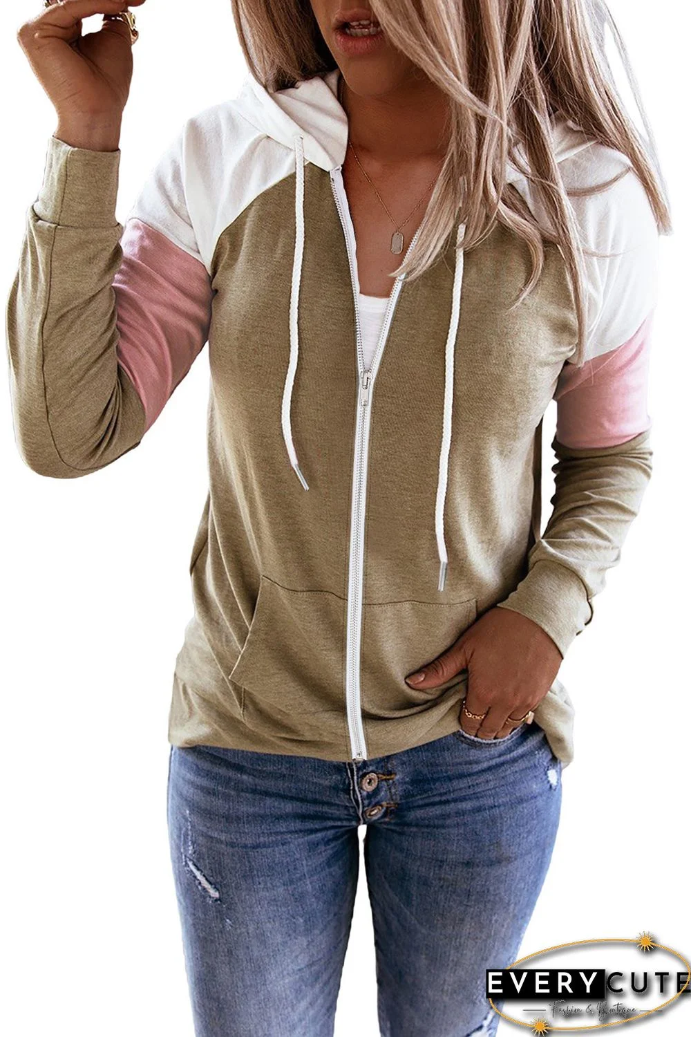 Khaki Color Block Zip Up Kangaroo Pocket Drawstring Hoodie