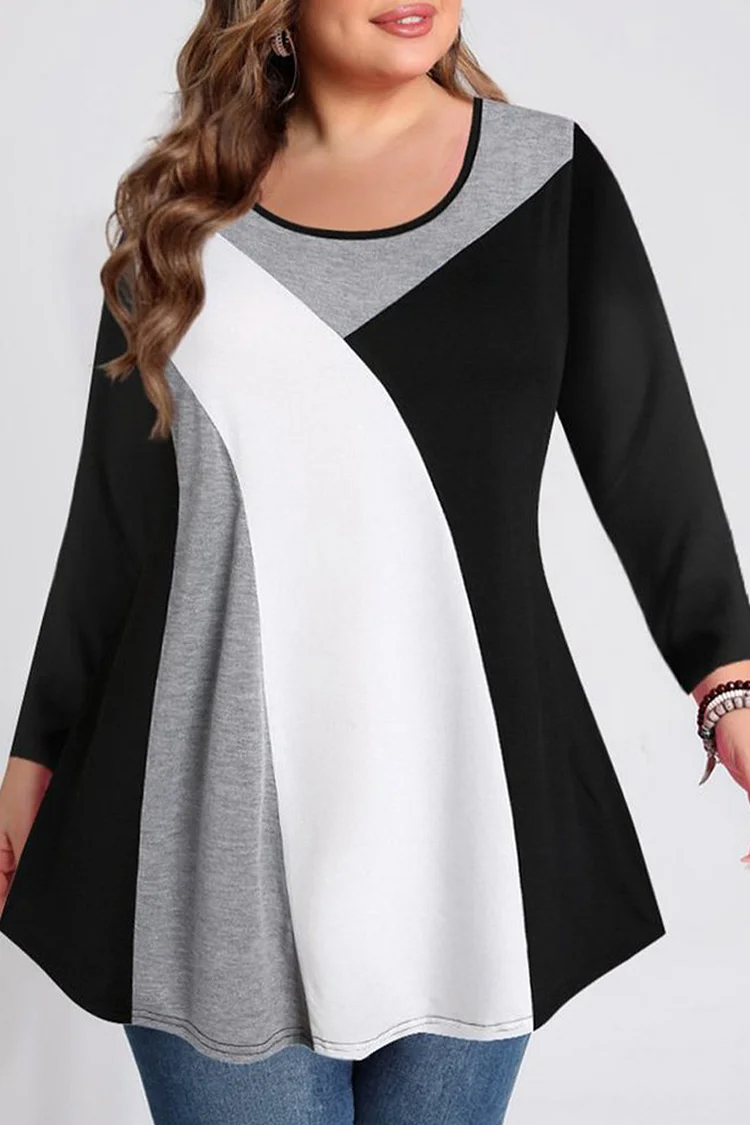 Flycurvy Plus Size Casual Black Colorblock Stitching Round Neck Long Sleeve T-Shirt  Flycurvy [product_label]