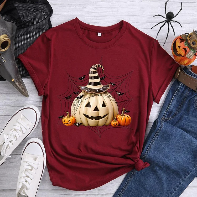 Halloween Pumpkin Spider Web Round Neck T-shirt-0019570