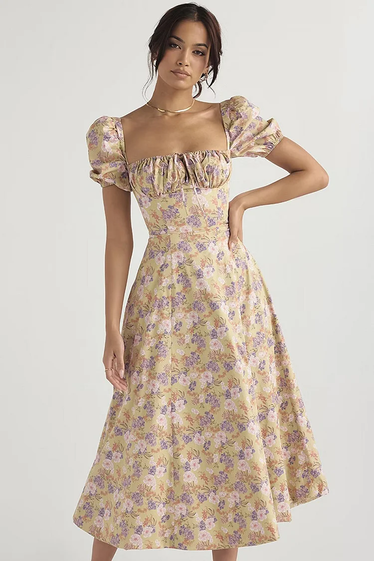 Square Neck Short Puffy Sleeve Tied Up Pleated Slit Vacation Floral Print Midi Dress