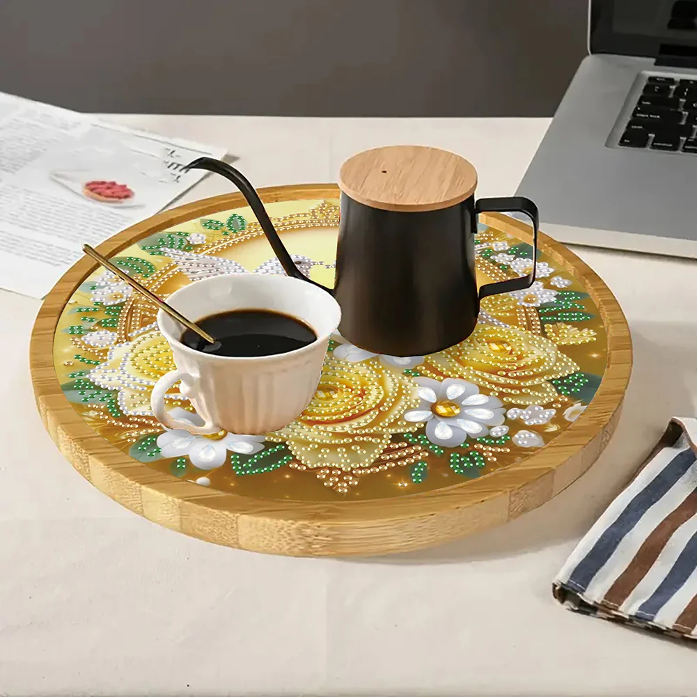 DIY Diamond Painting Kit Round Wooden Tray Diamond Painting Tray (Flower Bird A)