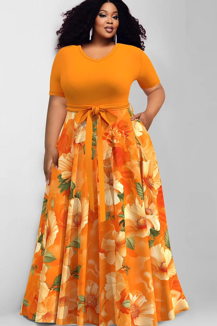 Xpluswear Design Plus Size Casual Orange Floral Print V Neck Lace Up Pockets Maxi Dresses [Pre-Order]