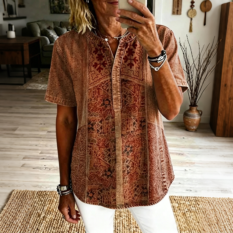 Comstylish Women's Vintage Ethnic Floral Art Print Casual Short-sleeve Shirt