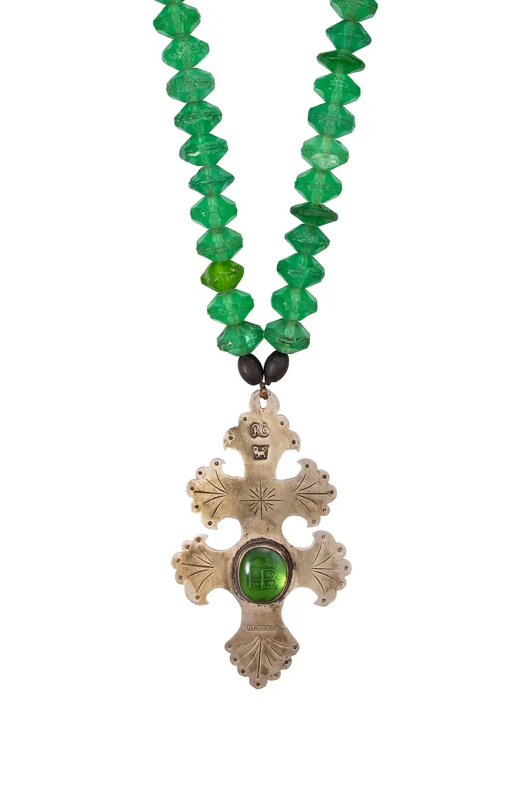 Necklace, Beads, Trade Silver, Hudson Bay Cross of Lorraine Pendant, Robert Cruikshank Hallmark, Faceted Green Vaseline Beads, Antique circa 1798-1801