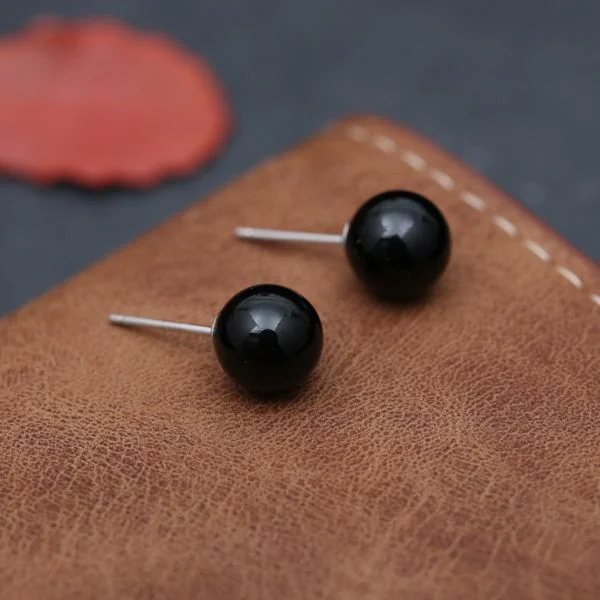 Natural Black Obsidian Round Beads Premium Auspicious Earrings
