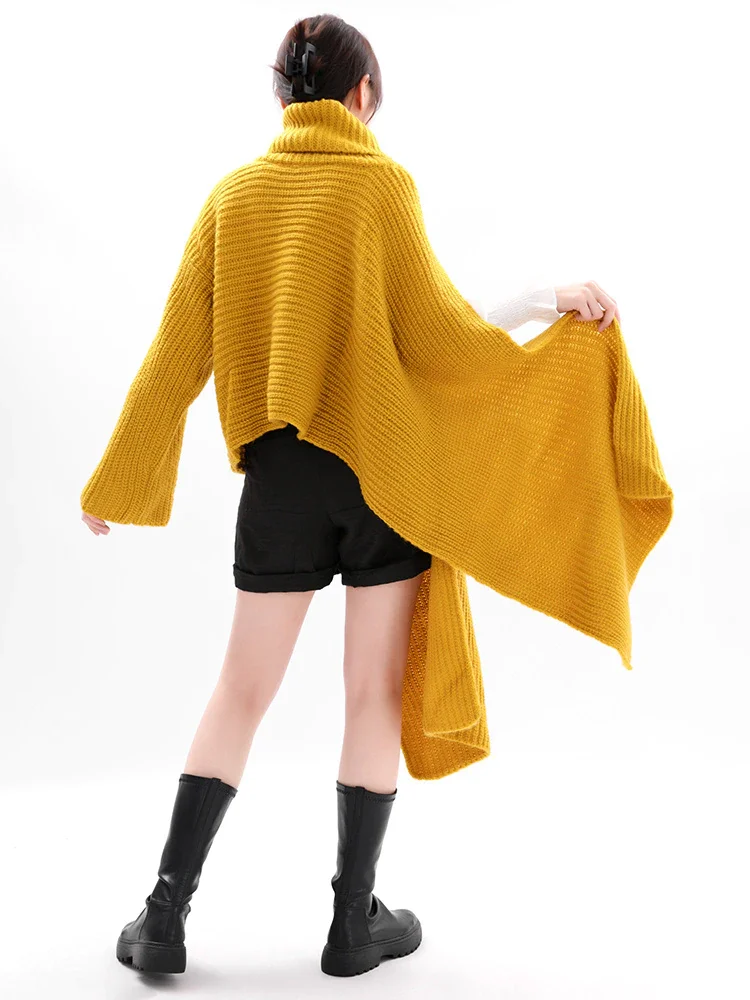 Fashion Solid Color Turtleneck Asymmetrical Long Sleeve Knitted Sweater   