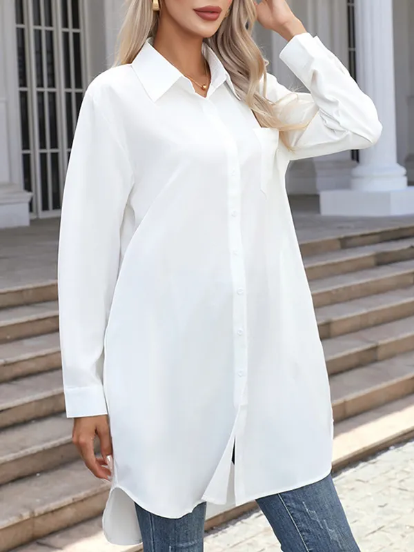 Split-Joint Loose Long Sleeves Lapel Blouses WHITE-XL