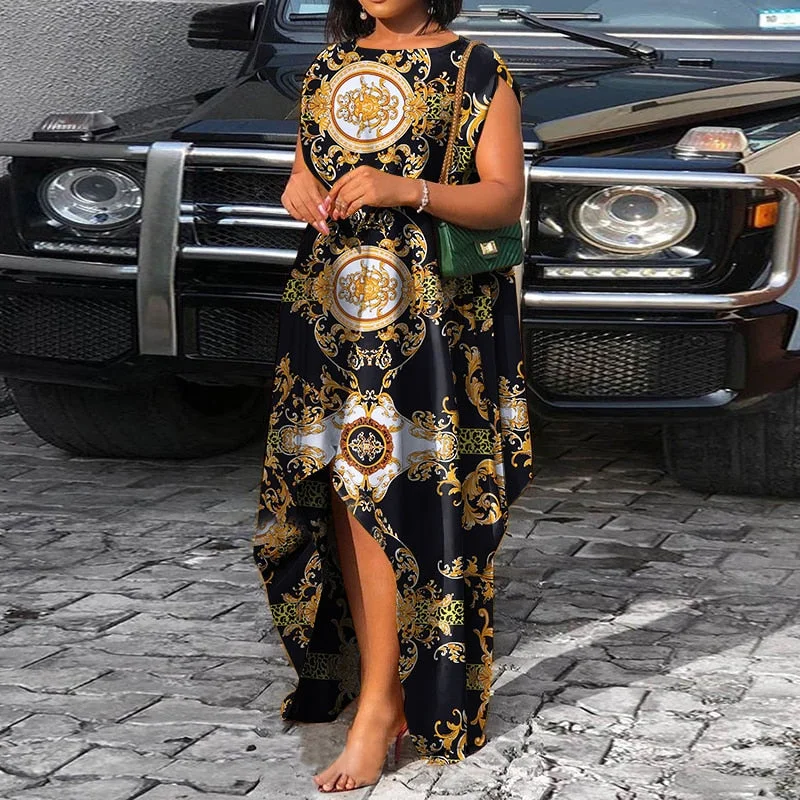 VONDA Bohemian Summer Maxi Dress 2022 Women Vintage Floral Print Satin Dresses Sexy Sleeveless Irregular Hem Vestidos Oversized