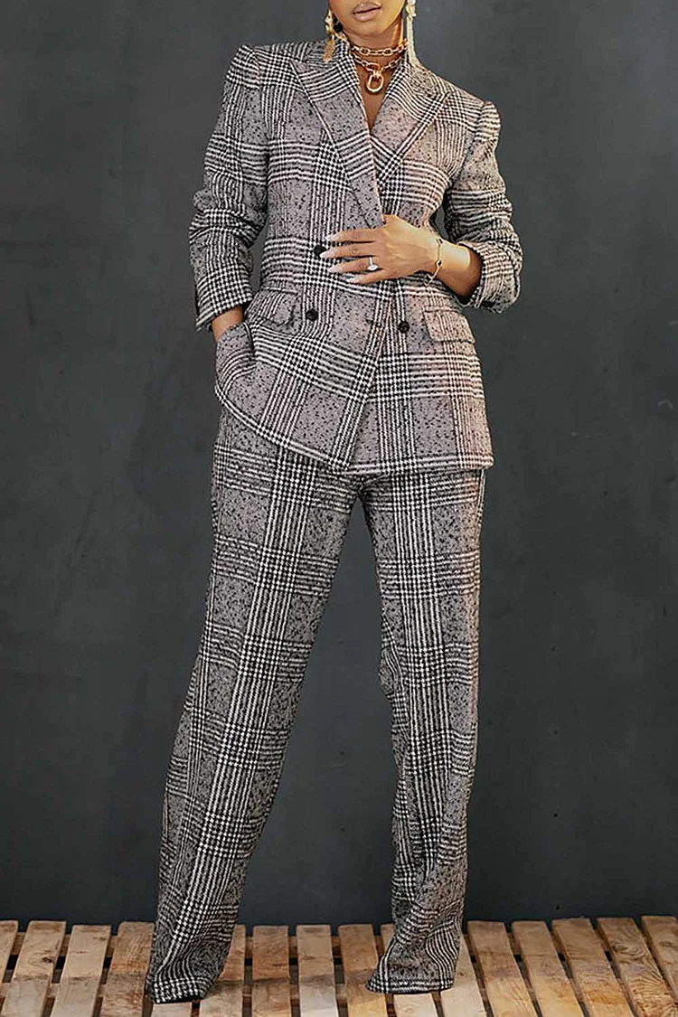 Plus Size Business Casual Pant Set Grey Plaid Lapel Blazer Suit Two Piece Pant Set