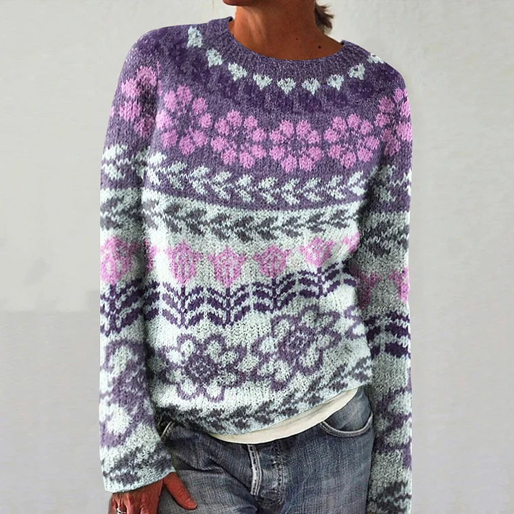 Women's Fairman Island Floral Jacquard Round Neck Sweater