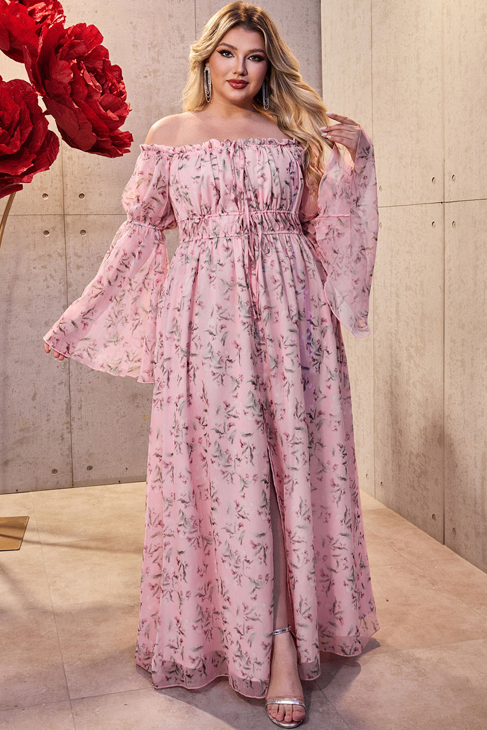 Plus Size Vacation Pink Chiffon Ditsy Floral Off The Shoulder Flare Sleeve Slit Maxi Dress 2024 - Flycurvy 
