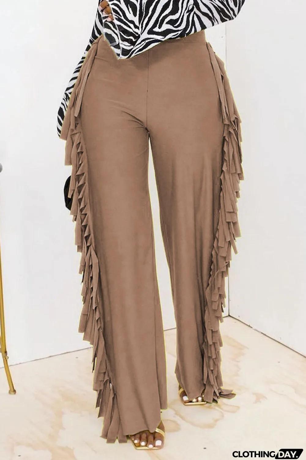 Champagne Fashion Solid Tassel Straight High Waist Straight Solid Color Bottoms