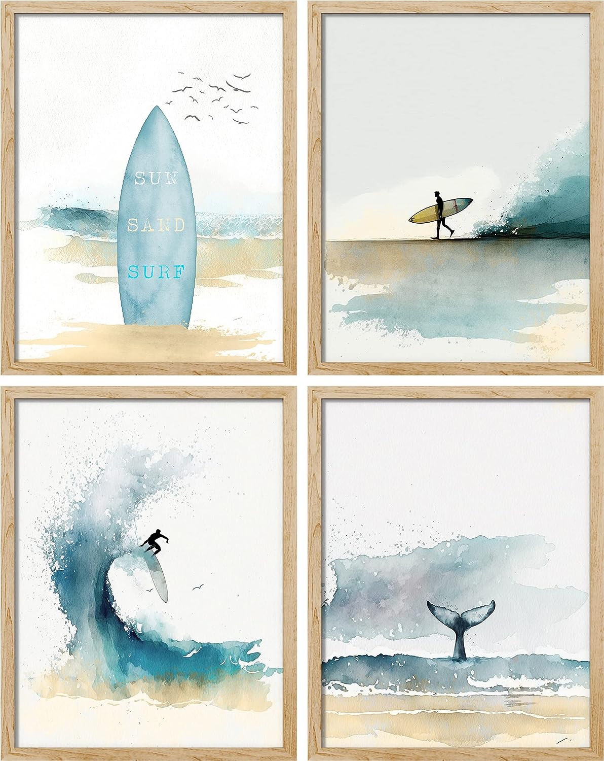 SIGNWIN Framed Pastel Surfboard Ocean Wave Beach Whale Fin Wall Art, Set of 4 Illustration Wall Decor Prints, Multicolor Contemporary Wall Dcor for Living Room, Bedroom - 11 inch x14 inch  Natural 11&#034; x 14&#034; x 4 Natural Frame