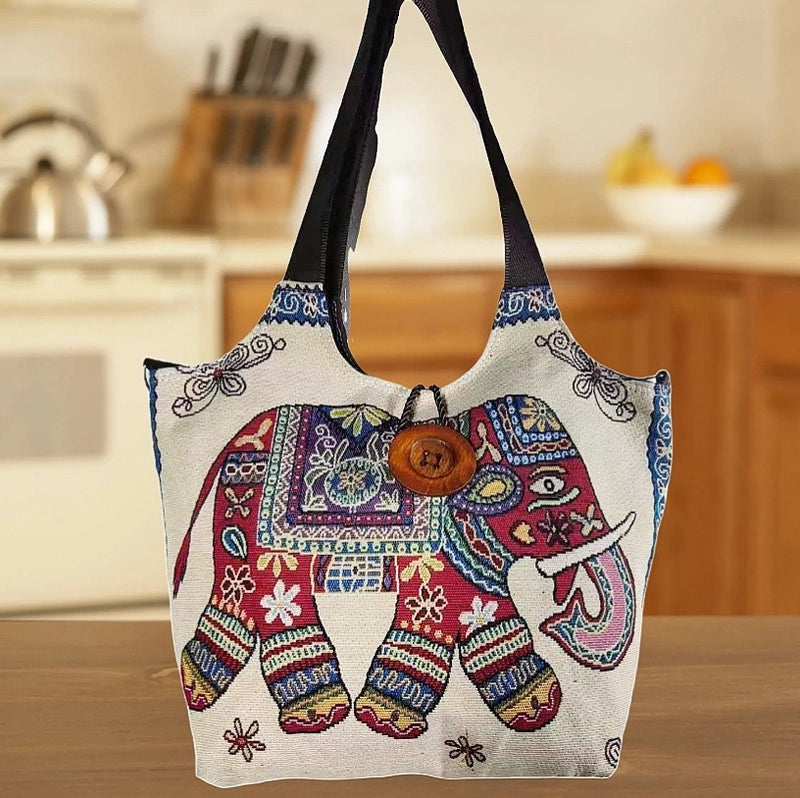 Women’s Large Canvas Elephant Ethnic Style Square Zipper Shoulder Bag
