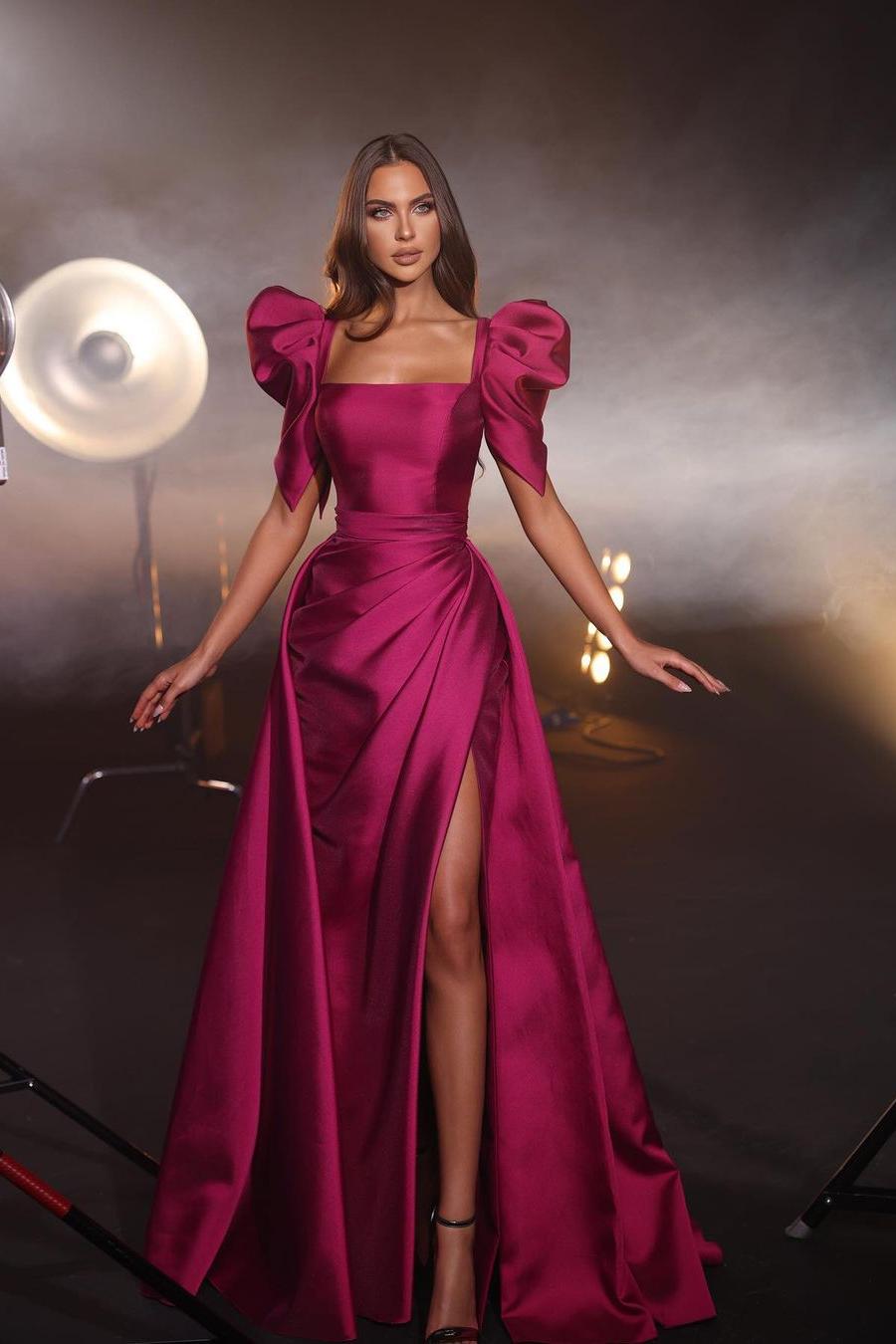 Lvs&Broner Bubble Sleeves Square Neck Long Mermaid Prom Dress With Split Pleated