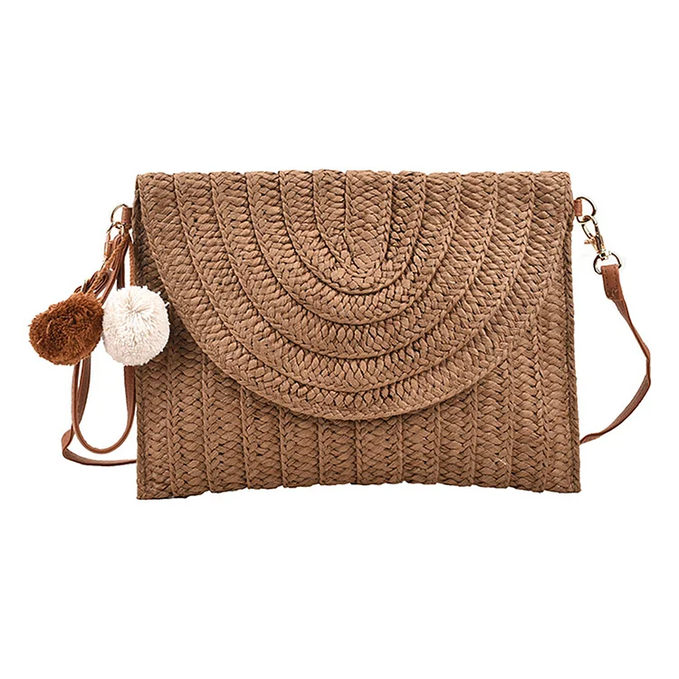 Summer Crossbody Bags Envelope Straw Woven Wallet Handmade for Vacation (Brown)