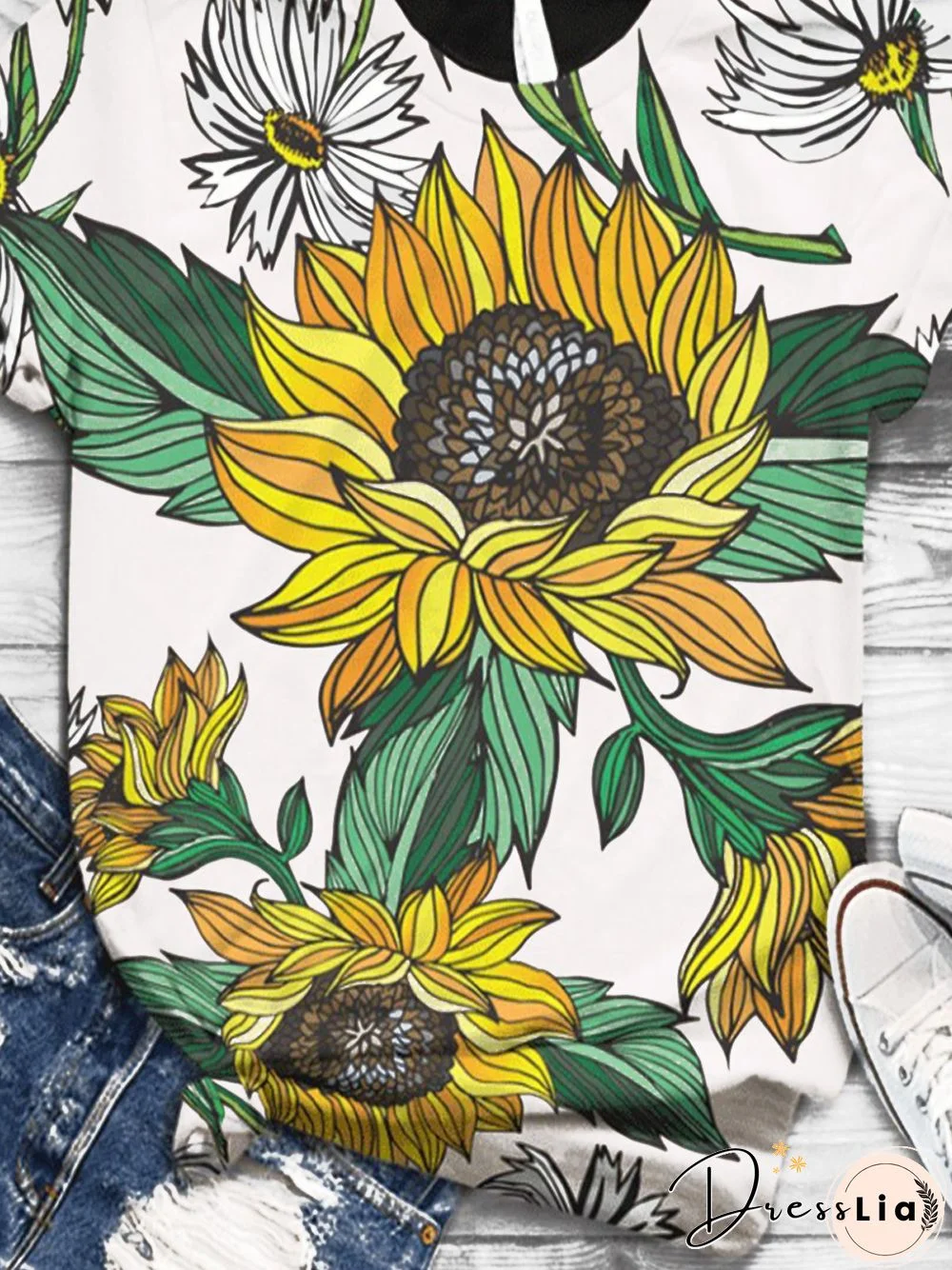 White Short Sleeve Floral Casual Crew Neck T-shirt