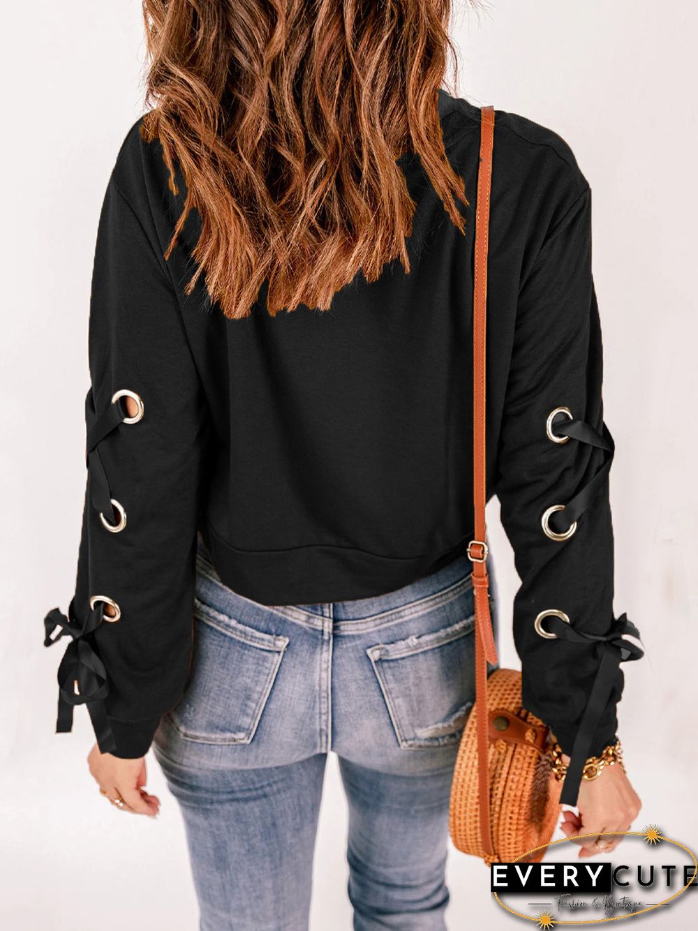 Women'S T-Shirts Crew Neck Hollow Tie Long Sleeve T-Shirt