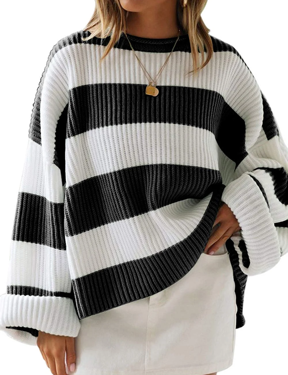 Women Color Block Striped Oversized Sweaters Long Sleeve Crewneck Pullover Loose Chunky Knit Jumper