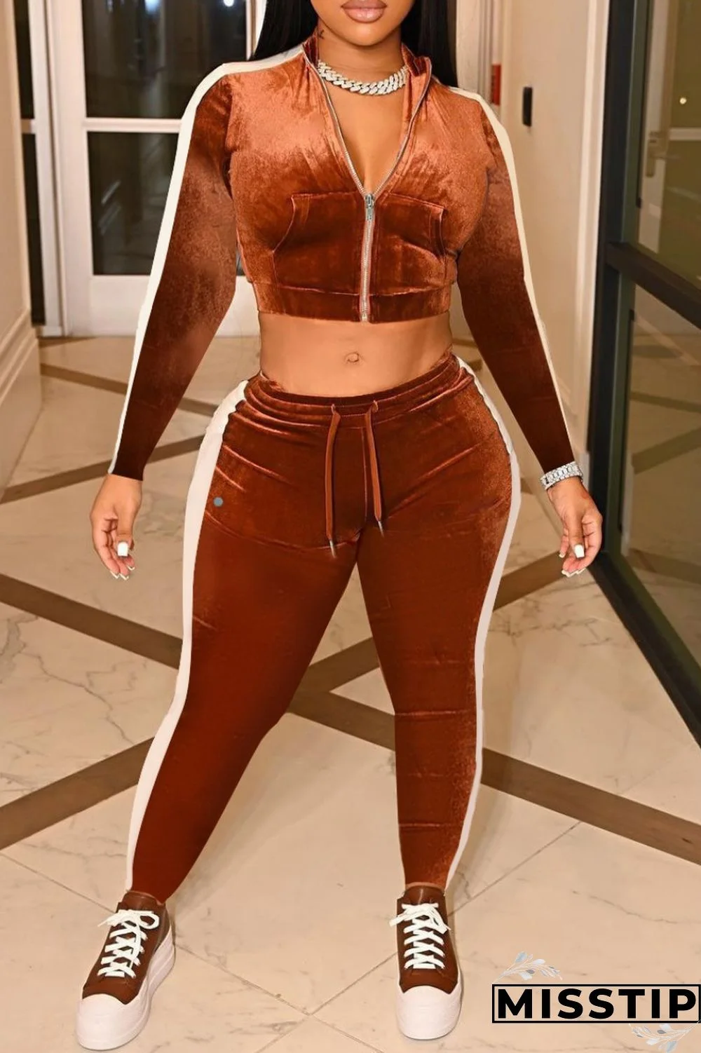 Caramel Colour Casual Solid Patchwork Contrast Zipper Collar Long Sleeve Two Pieces