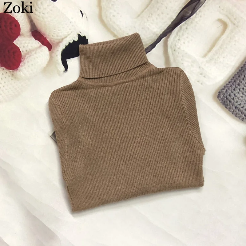 Zoki Soft Women Turtleneck Sweater Autumn Long Sleeve Elastic Female Knitted Jumper Casual Pullover Slim Winter Basic Tops 2021