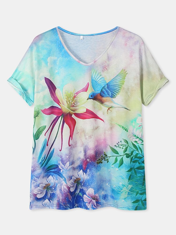 Landscape Prints Short Sleeve V neck Casual T Shirt For Women P1815044