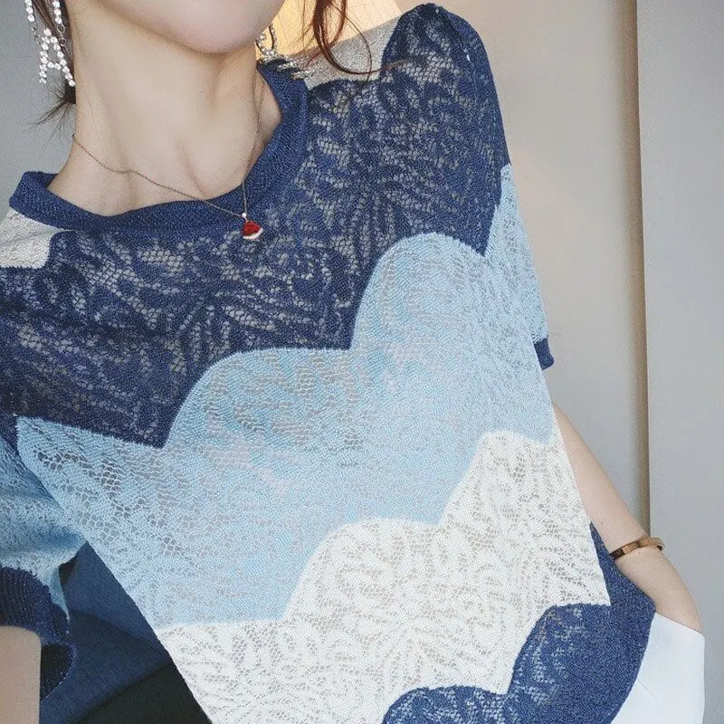 Summer New Elegant Patchwork Blue Fashion and Age Reducing Girls' Blouse Hollow Out Ice Silk Knitted Short Sleeve Shirt 14657