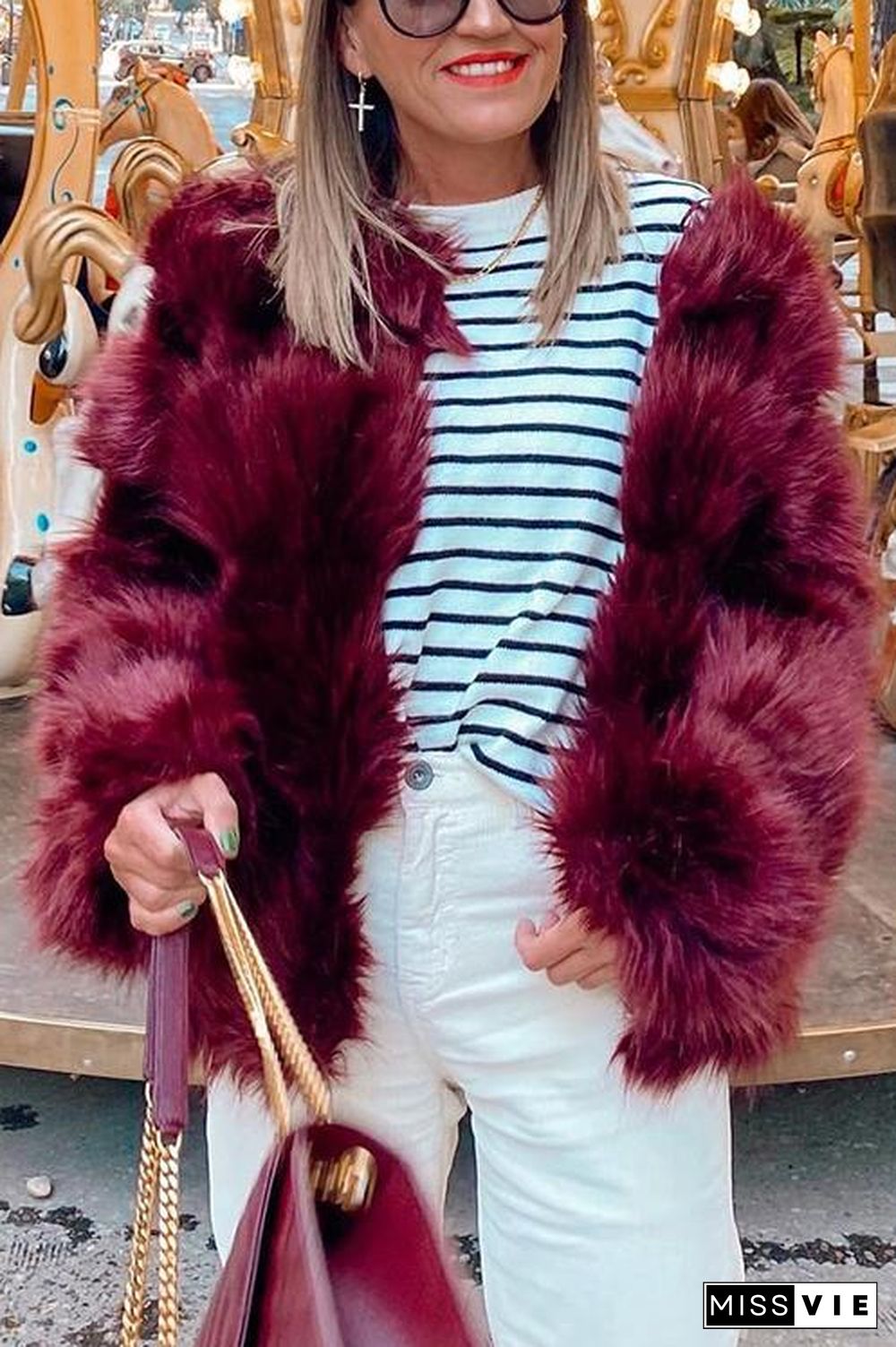 Layer O Neck Faux Fur Coat