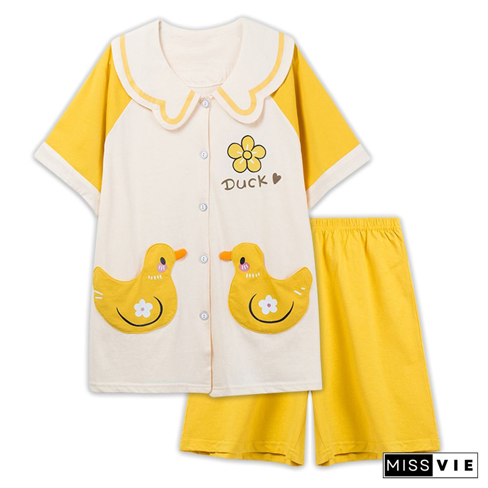 Cartoon Animal Fruit Print Cotton Pocket Pajamas Set
