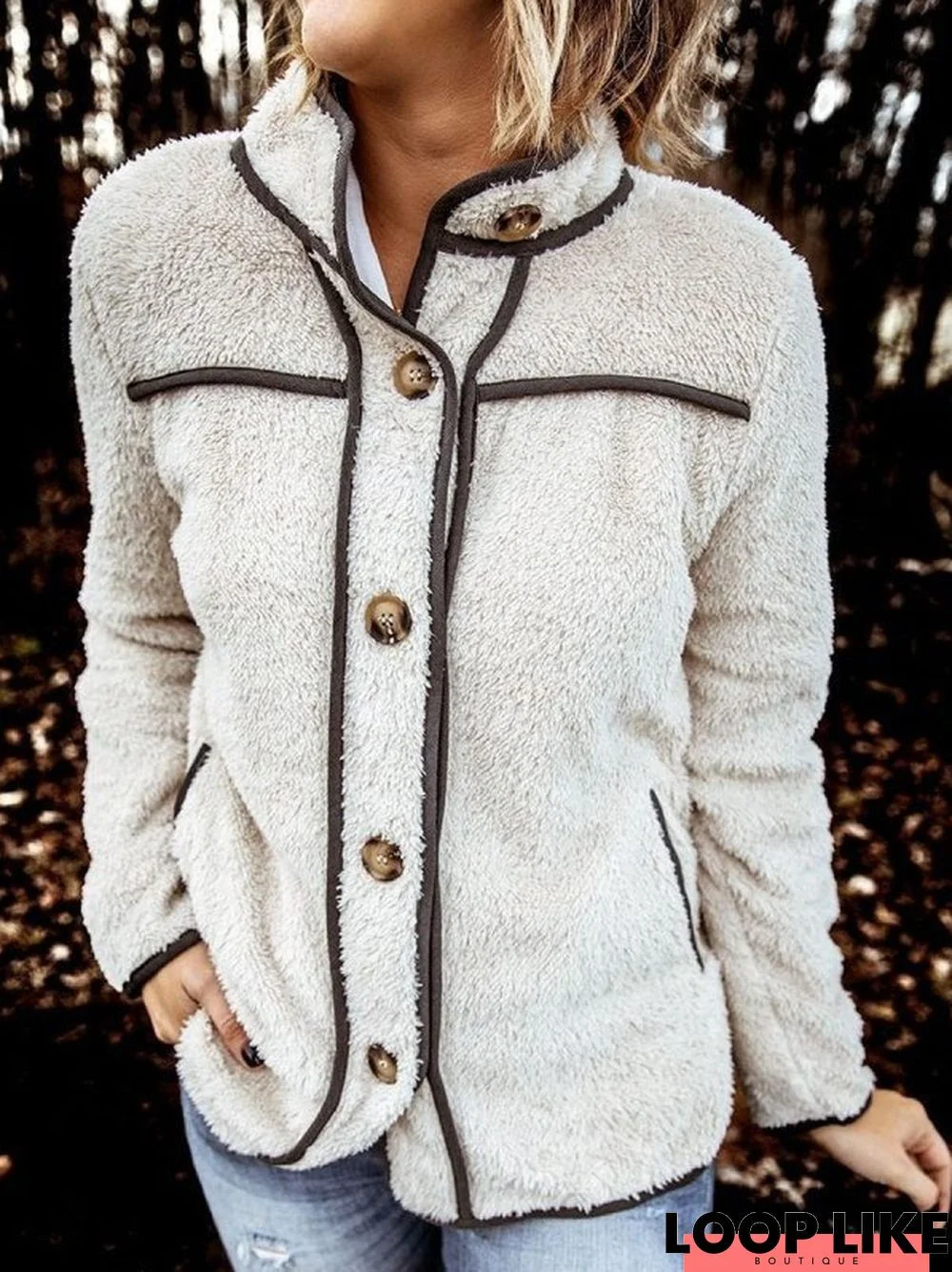 White Long Sleeve Stand Collar Shift Sweater coat